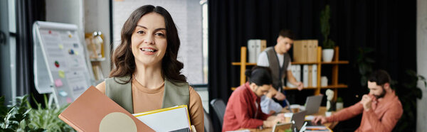 Professional sharing moments amidst company changes, colleagues on backdrop.