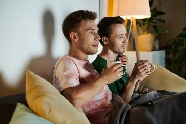 stock image Two men share a joyful moment while sipping drinks on their cozy couch.