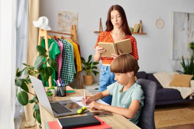 A caring mother helps her son with his studies in a cozy living space. clipart