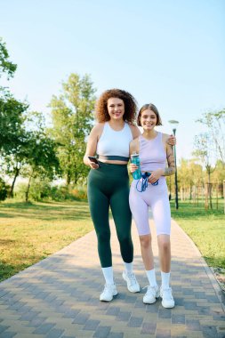 İki kadın birlikte spor yaparken gülüşür ve güler..