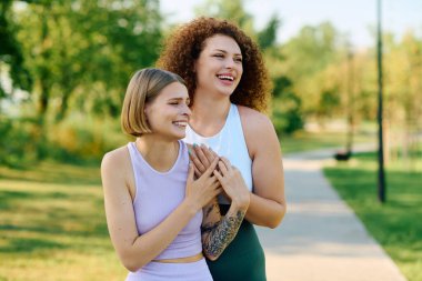 A loving couple shares laughter and affection during a delightful park outing. clipart