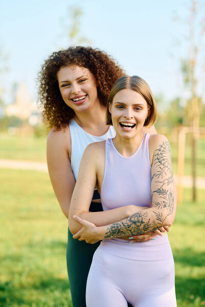 Две женщины разделяют смех и любовь в солнечном парке.