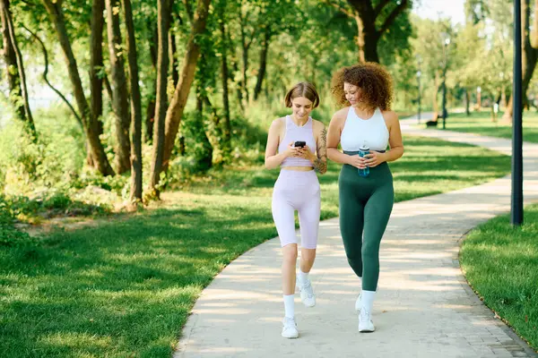 stock image Happy couple strolls through a vibrant park, sharing moments and smiles together.