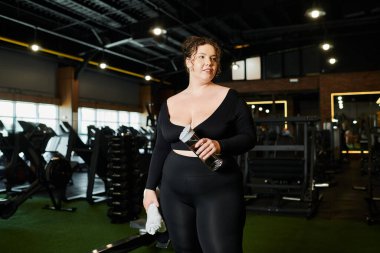 Kendine güveni tam, aktif giyimli genç bir kadın spor salonunda vücut pozitifliğini kucaklıyor..