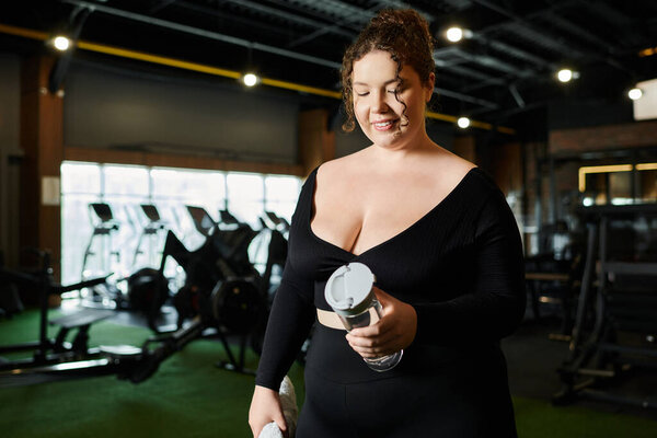 Женщина plus-size в активной одежде, излучающая позитивность и решимость.