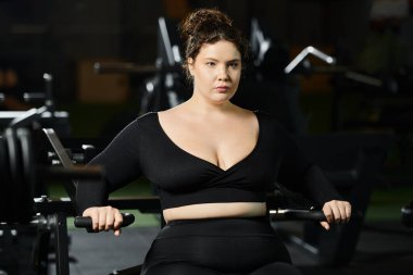 Büyük beden bir kadın spor salonunda egzersiz yaparken vücudunun pozitifliğini ve sağlığını desteklerken gücünü kucaklıyor..