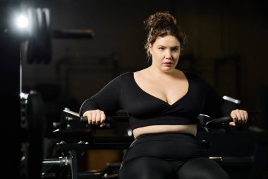 Genç bir kadın spor salonunda spor kıyafetlerini giyerek vücut pozitifliği sergiliyor..