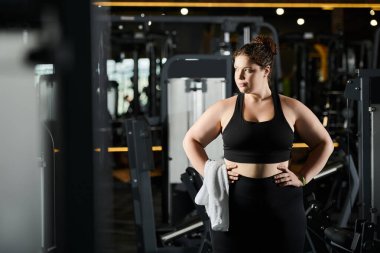 Kendine güvenen genç bir kadın spor salonunda egzersiz yapıyor. Gücünü ve vücudunun pozitifliğini kutluyor..