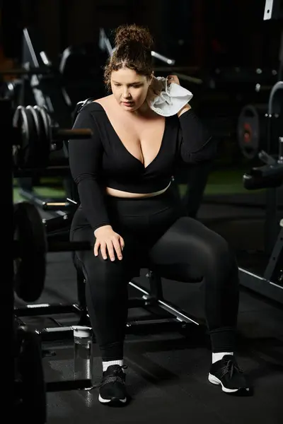 stock image A plus-size woman rests after an intense workout session in her active wear, embracing body positivity.