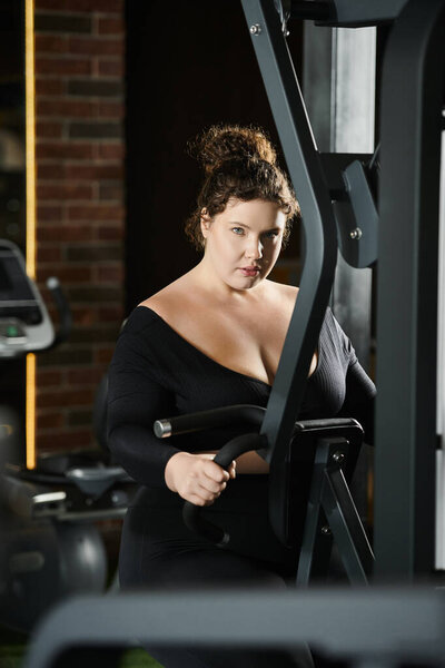 Женщина plus-size уверенно работает в своей активной одежде, укрепляя позитив тела и тренируя силу.