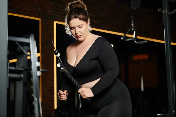 stock image A plus-size woman confidently exercises in her active wear, showcasing strength and determination.