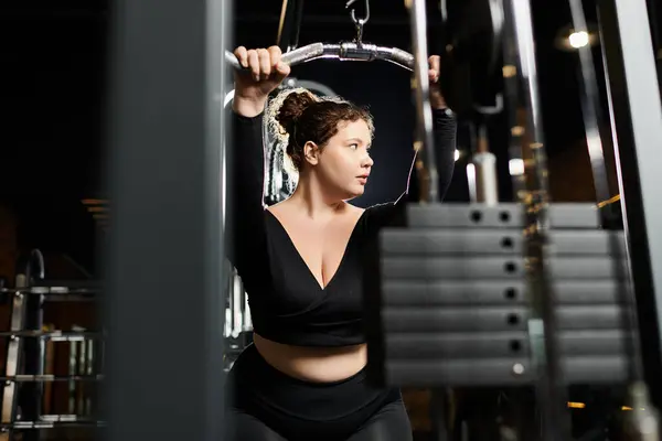 stock image A plus-size woman showcases body positivity as she exercises in stylish activewear at the gym.