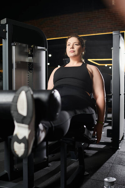 Уверенная в себе молодая женщина работает в активной одежде, обнимая позитивность тела и фитнес в тренажерном зале.