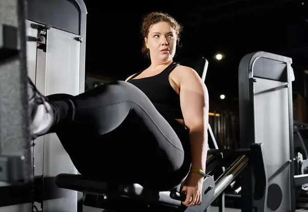 stock image A young woman confidently works out in her active wear, focusing on strength training in a gym setting.