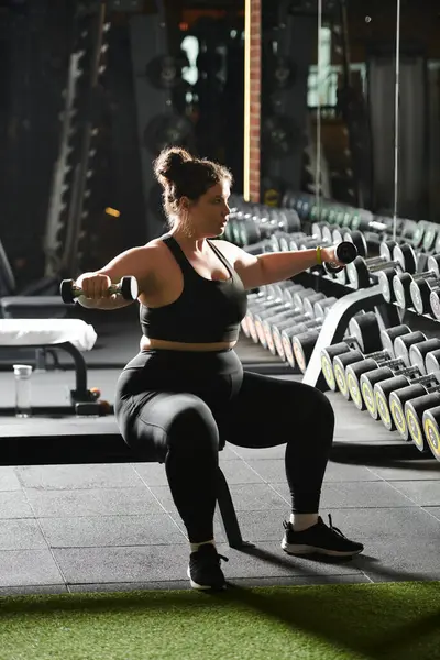 Geniş beden bir kadın spor salonunda halterlerle egzersiz yapıyor, özgüven ve zindelik timsali..