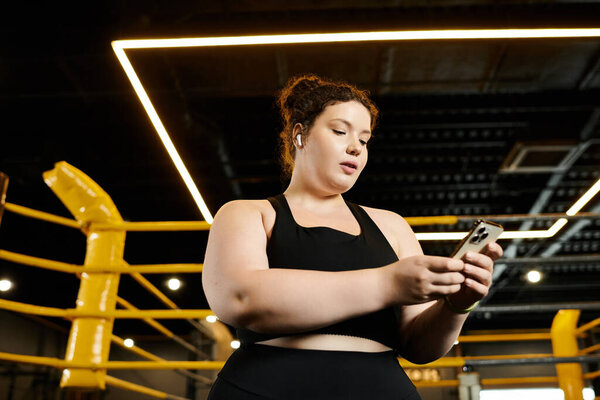 Молодая женщина занимается своим фитнес-рутиной, обнимая позитивность тела в динамичной спортивной среде.