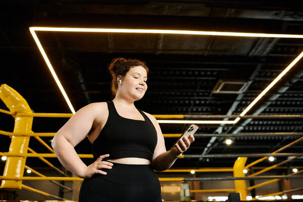 Молодая женщина в активной одежде улыбается, когда она работает со своим телефоном во время тренировки.
