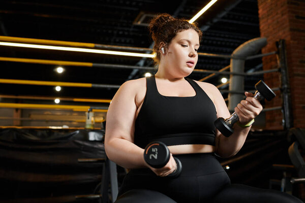 Молодая женщина уверенно поднимает тяжести, демонстрируя положительную реакцию тела во время тренировки в спортивной одежде..