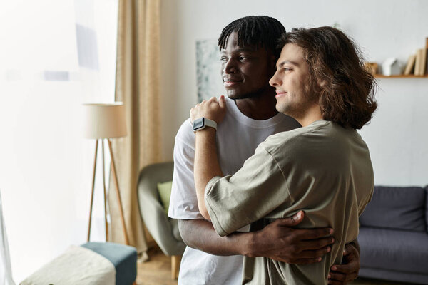 Два партнера разделяют теплые объятия в своей гостиной, излучающие любовь и связь.