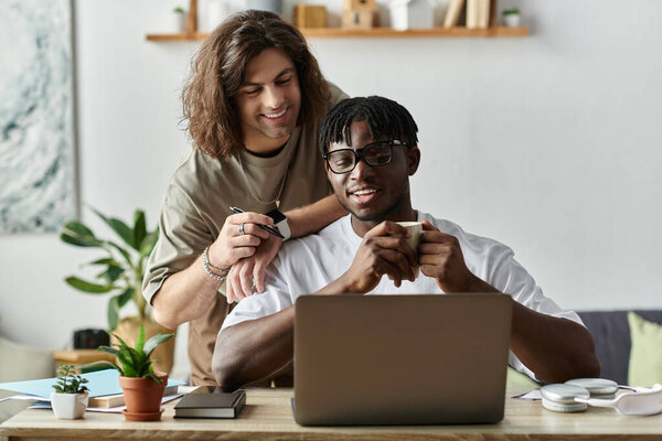 Two partners cherish each other in their bright home, laughing and connecting over coffee.