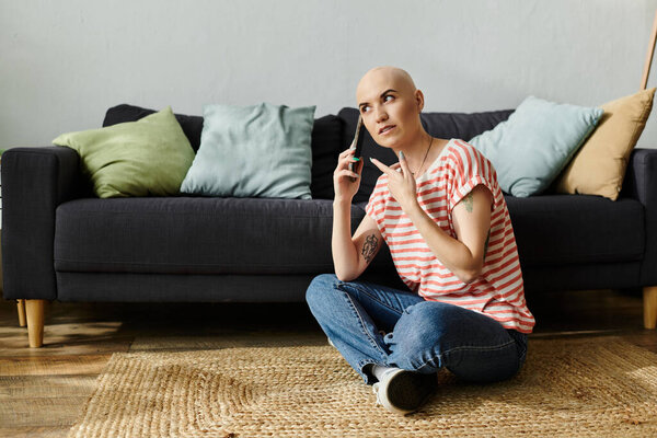 Молодая лысая женщина, сидя на естественном ковре, в окружении мягких подушек.