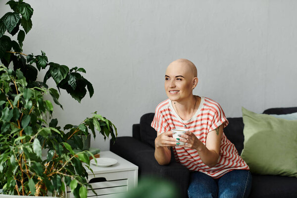 A joyful bald woman relaxes on a couch, holding a cup, amidst lush houseplants and soft decor.