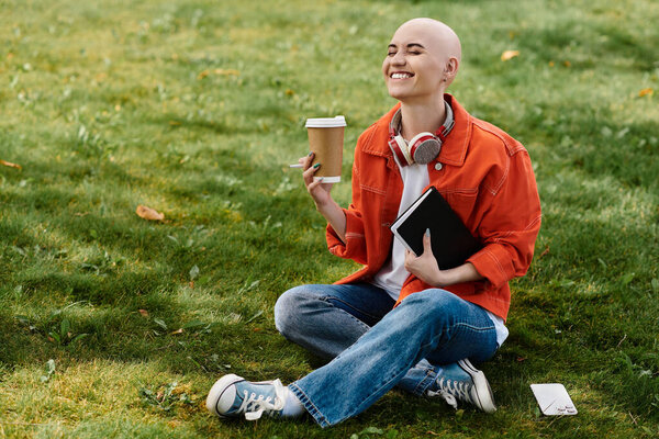 A joyful young woman with bald head savoring coffee, seated on green grass with books.