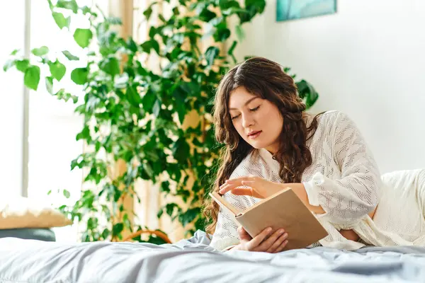 stock image A beautiful young plus size woman relaxes while reading a book in her cozy home setting.