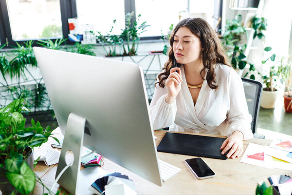 A young woman contemplates her work at office, immersed in creativity and greenery.