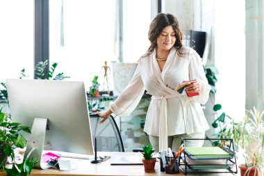 A radiant plus size woman explores vibrant materials in her beautifully designed office workspace. clipart