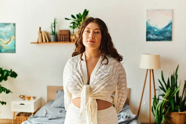 stock image A plus size woman stands confidently in her bright home, adorned with plants and artwork.