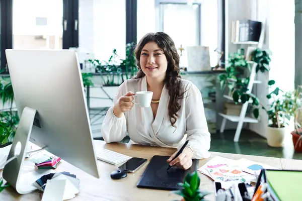 Stock image A young plus size woman enjoys her coffee while working on a tablet in a bright office.