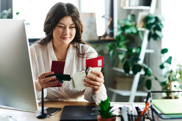 stock image A young beautiful plus size woman sorts through her crafting materials with focused joy at office.