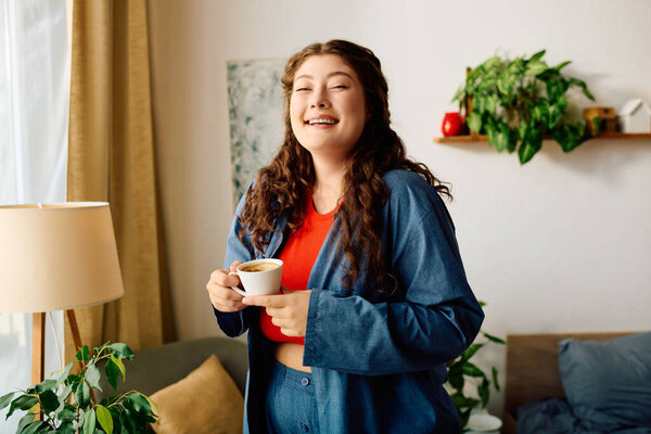 Молодая женщина с вьющимися волосами ярко улыбается, держа чашку, погруженная в расслабляющий момент дома.