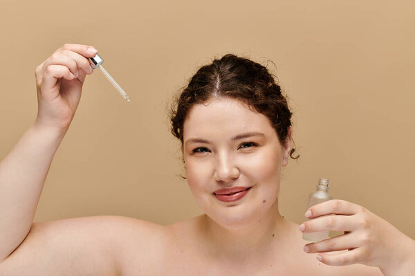 A beautiful plus size woman showcases her skincare routine with serenity and style.