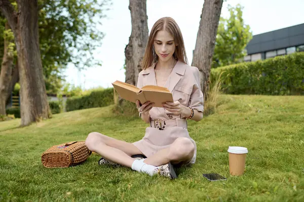 stock image A young woman with anorexia sits contentedly on the grass, lost in a book, surrounded by nature beauty and sunlight.