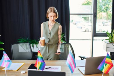 woman with pride flags to celebrate diversity and collaborate. clipart