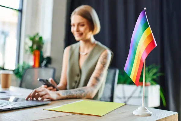 stock image Beautiful jolly woman in diverse office environment.