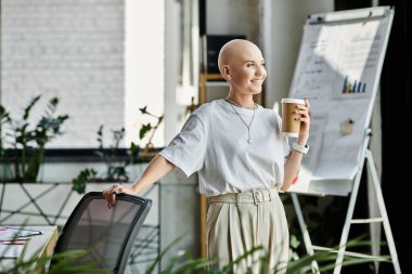 Zarif elbiseli genç kel bir kadın bir sandalyenin yanında duruyor, elinde kahve bardağıyla ofiste gülümsüyor..