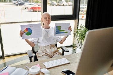 The young bald woman confidently showcases colorful charts while seated in an airy workspace. clipart