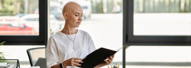 A young bald woman dressed elegantly studies a document, deep in thought, in a stylish office. clipart