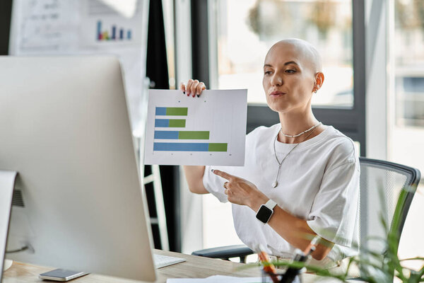 A young woman with a bald head shares insights on a graph while engaging with an audience.
