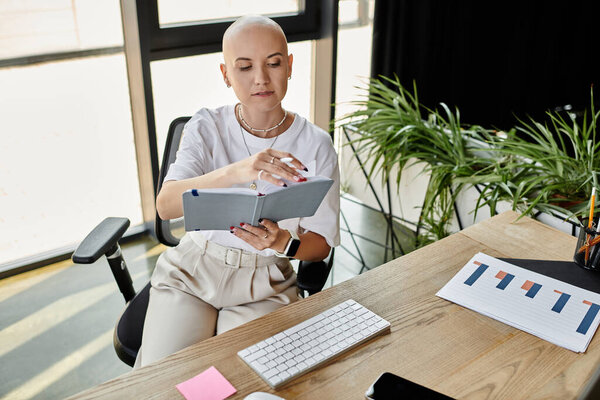 В шикарном офисе молодая лысая женщина в стильном наряде пристально изучает свои записи..