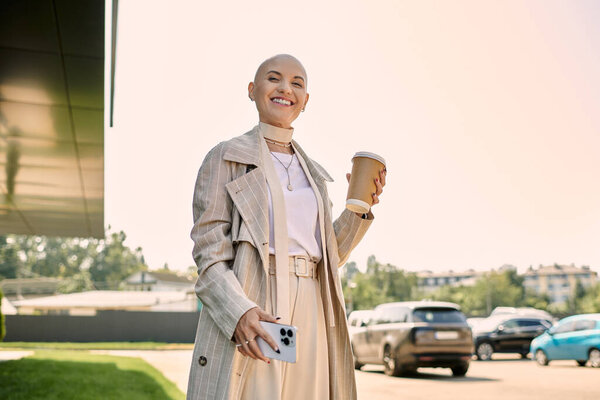 A joyful young bald woman holds a coffee cup and a smartphone, radiating confidence in the sun.