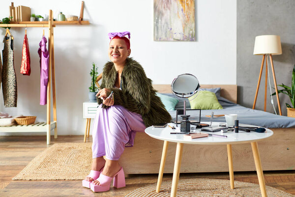 Молодая женщина носит игривый наряд, готовый к веселому дню, наполненному личными штрихами.