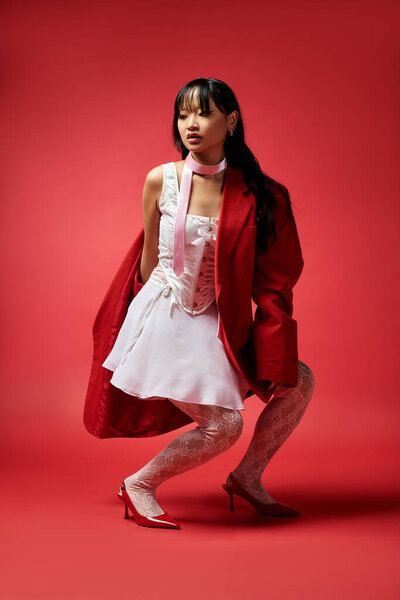 Элегантная азиатка творчески позирует в ярком наряде на ярком красном фоне.
