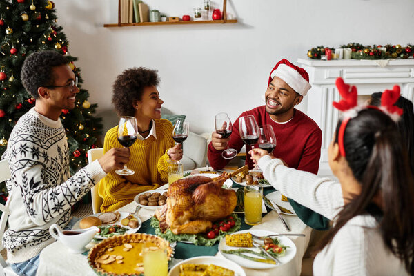 A vibrant gathering of friends enjoying a festive Christmas dinner, toasting cheerfully.