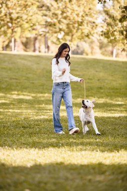 Sıcak sonbahar kıyafetleri içinde genç bir kadın köpeğiyle güneşli bir parkta mutlu bir şekilde yürüyor..