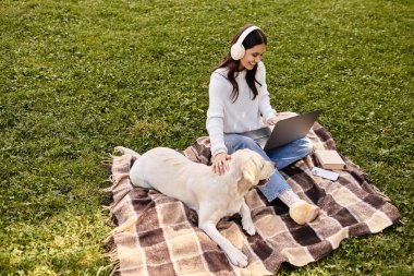 Genç bir kadın parkta rahat bir battaniyeye oturmuş köpeğini okşarken dizüstü bilgisayarıyla çalışıyor..