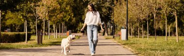 Sıcak sonbahar kıyafetleri içinde genç bir kadın köpeğini ağaçlarla çevrili canlı bir parkta gezdirir..